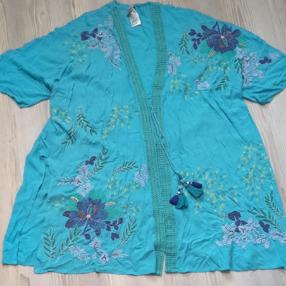 Chico's L/XL Blue Embroidered Floral Boho Kimono Cardigan Tassel Open Front